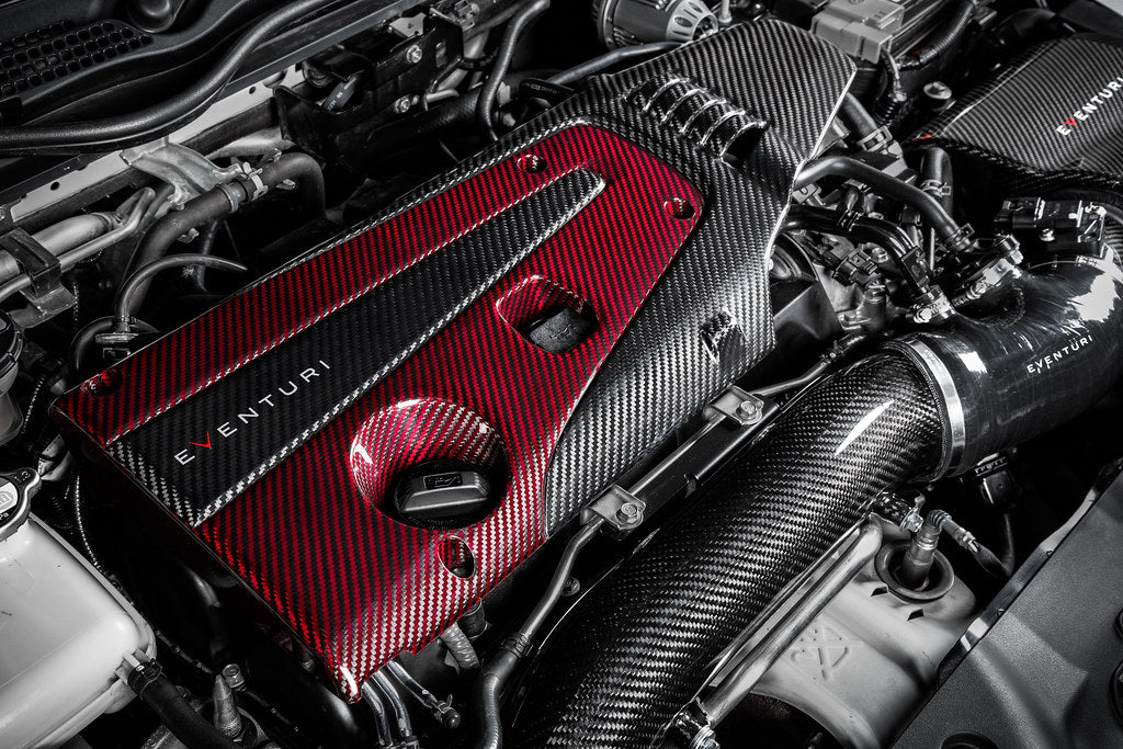 Eventuri carbon Kevlar engine cover on Honda Civic Type-R FK8 or FL5, showcasing performance-style automotive engine protection.
