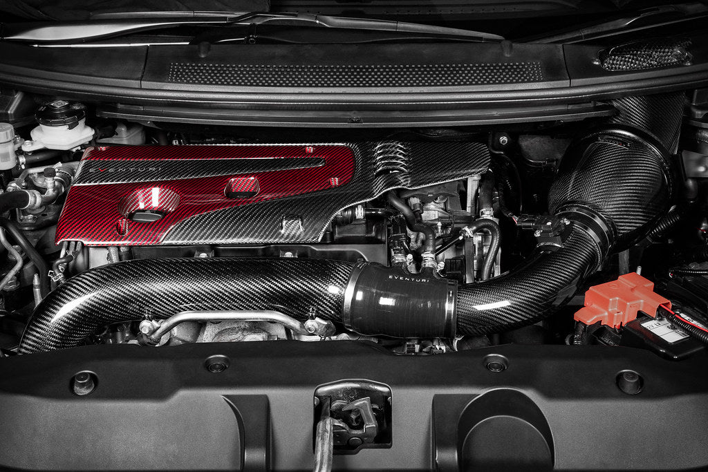 Eventuri FK8 Civic Type-R V3 carbon charge pipe upgrade kit showing sleek, black carbon fiber pipe with detailed connections for performance boost.