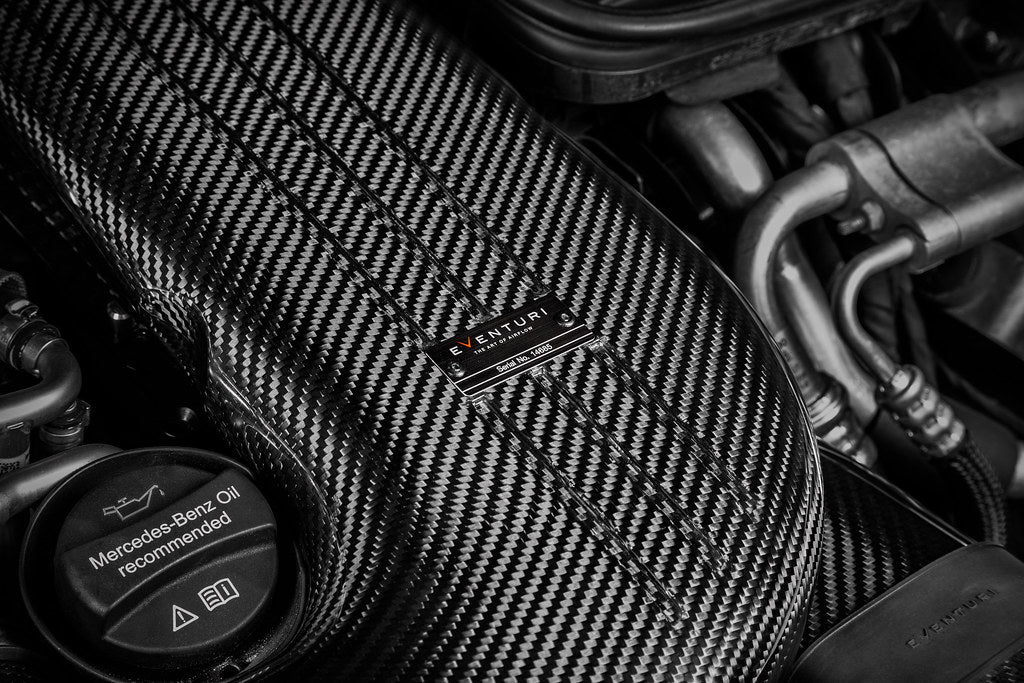 Eventuri Black Carbon Intake System for Mercedes W205 C63/C63S AMG, showcasing sleek design and performance features.