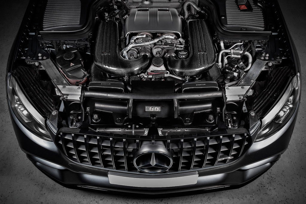 Eventuri black carbon intake system for Mercedes GLC63S AMG showcasing sleek design and high-performance engineering.