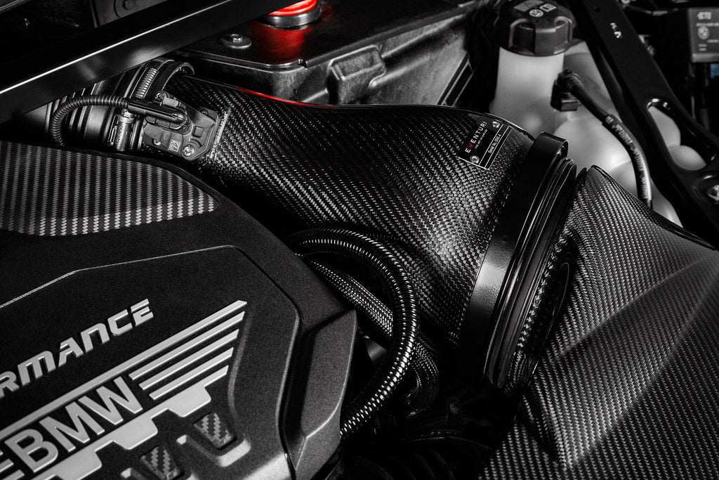 Eventuri black carbon intake system for BMW F4X M135i, M235i, F39 X2 35i B48, showing the sleek performance air intake.