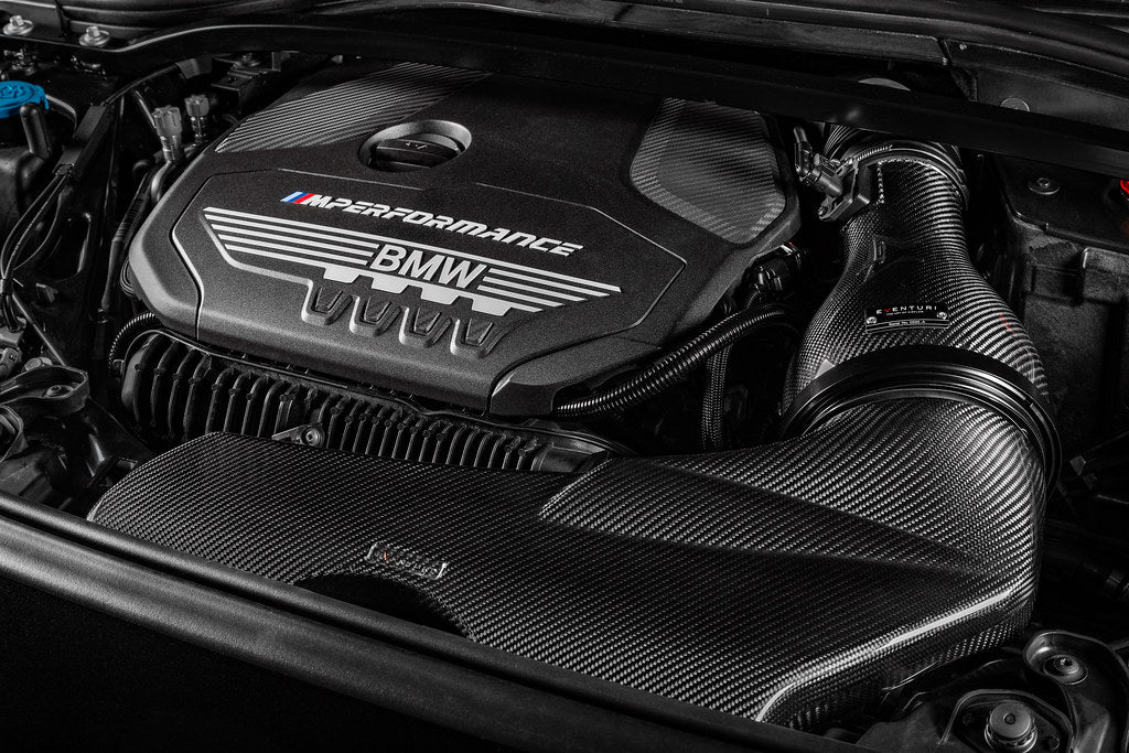 Eventuri black carbon intake system for BMW F4X M135i M235i and F39 X2 35i B48, showcasing the performance air intake design.