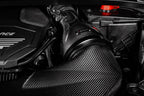 Eventuri black carbon intake system for BMW F4X M135i, M235i, F39 X2 35i B48 performance engine upgrade, close-up view of air intake components.