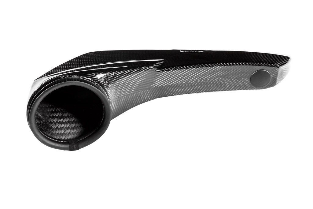 Eventuri black carbon intake system for BMW F4X M135i M235i and F39 X2 35i B48 performance engine, showing sleek carbon fiber design.