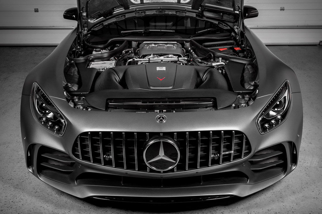 Eventuri black carbon intake and engine cover for Mercedes AMG GT C190, showcasing matte finish and performance design.