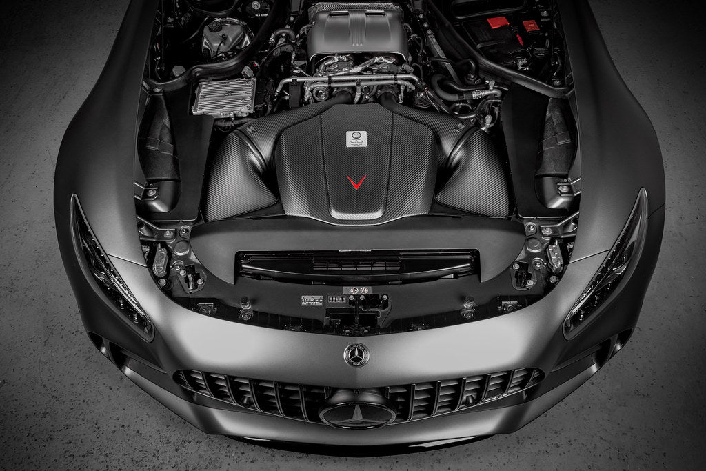 Eventuri black carbon intake and engine cover for Mercedes AMG GT, GTS, GTR, showcasing matte finish and performance design.