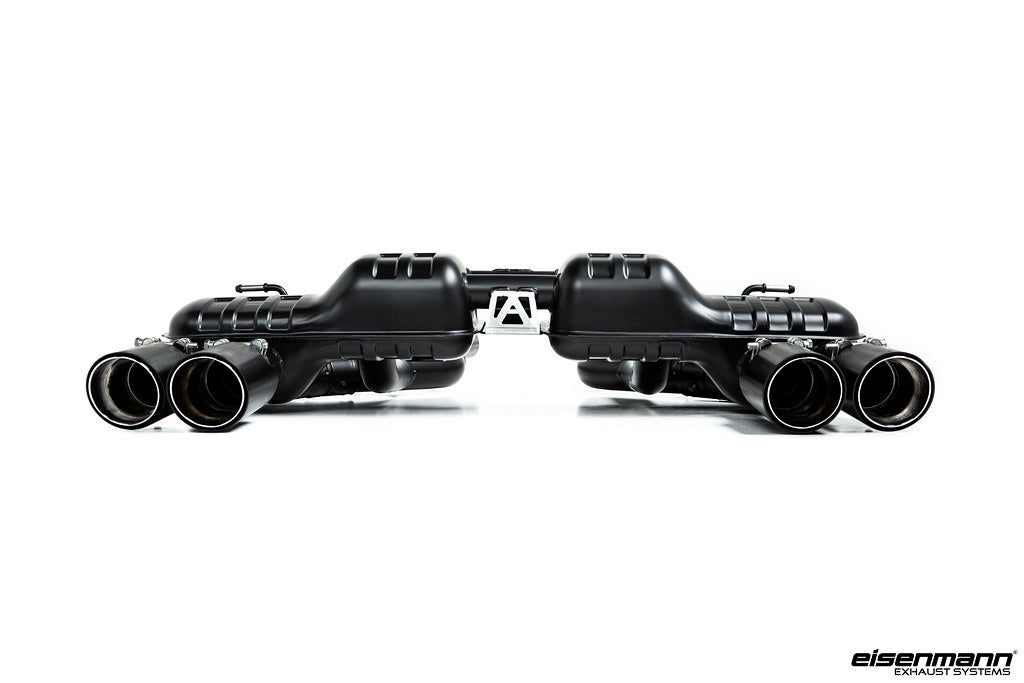 Eisenmann F87 M2 Competition performance exhaust with valves, featuring polished metal tips and sleek black finish.
