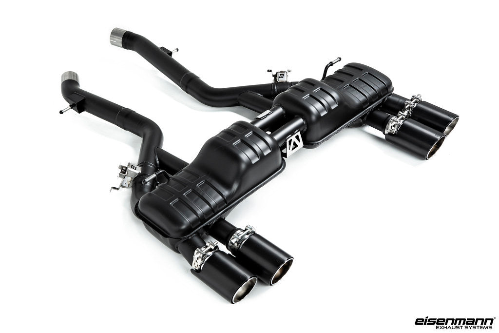Eisenmann F87 M2 Competition performance exhaust with valves, showcasing polished stainless steel exhaust tips and dual piping.