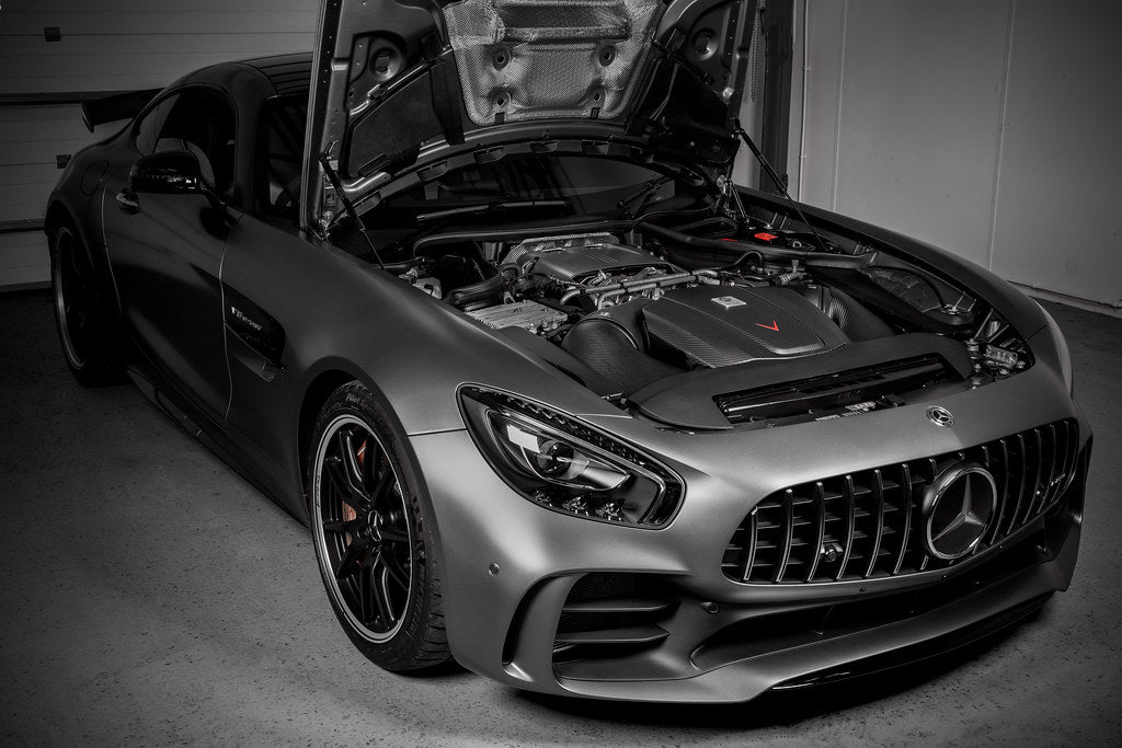 Eventuri black carbon intake and engine cover for Mercedes AMG GT, showcasing matte finish and performance design.