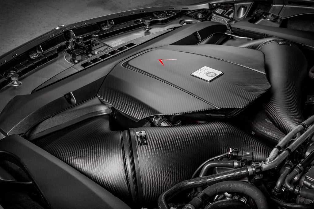 Eventuri black carbon intake and engine cover for Mercedes AMG GT, GTS, GTR, showcasing matte finish and sleek design.