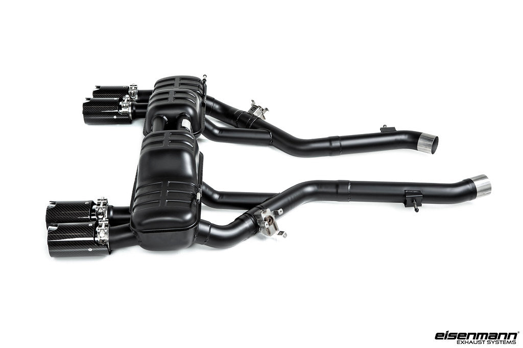 Eisenmann F87 M2 Competition valved performance exhaust system installed on a BMW M2, showcasing the exhaust tips and piping.
