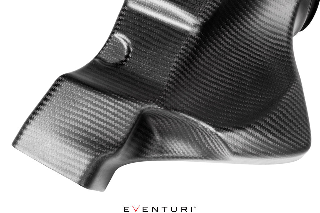 Eventuri black carbon intake and engine cover for Mercedes AMG GT, GTS, GTR, showcasing matte finish and performance design.
