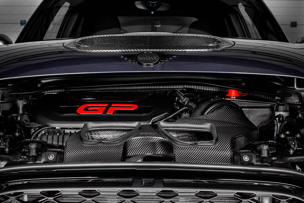 Eventuri Mini F56 JCW GP3 black carbon intake system for enhanced performance in F54 JCW Clubman vehicles.
