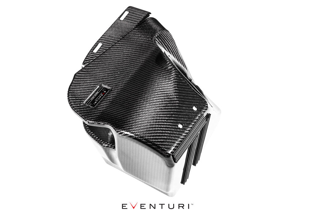 Eventuri black carbon intake system for Mercedes AMG A35 and A250 performance engine, showing the sleek, high-performance air intake.