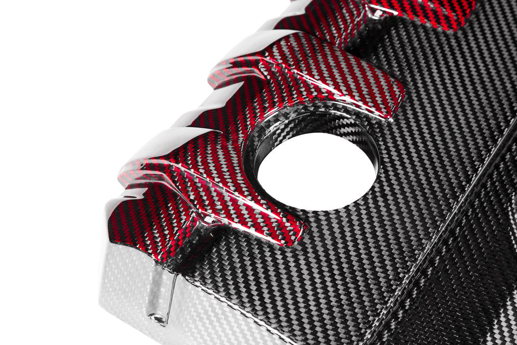Eventuri black carbon and red kevlar engine cover for Audi 8Y/8V RS3 and 8S TTRS, exterior view showing detailed materials