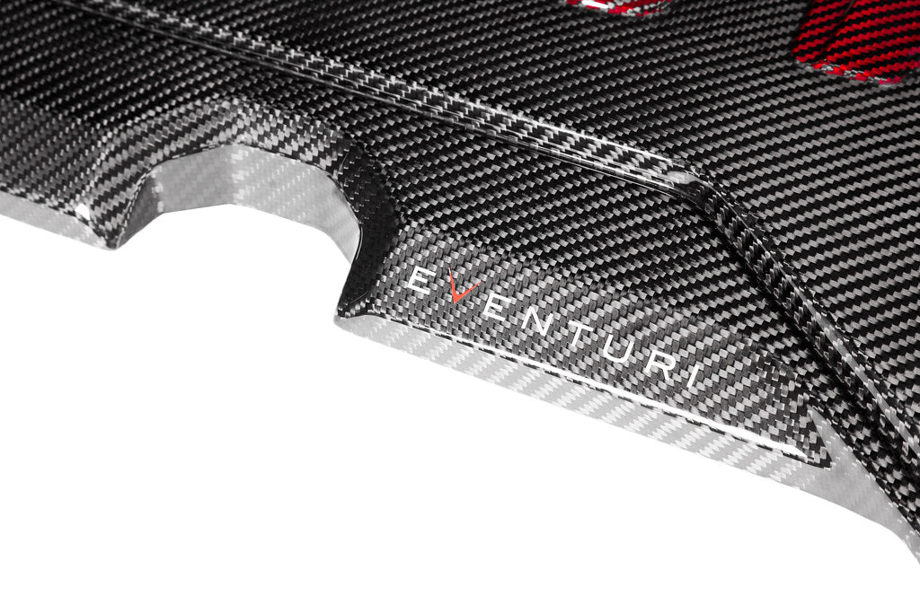 Eventuri black carbon and red kevlar engine cover for Audi 8Y/8V RS3 and TTRS, exterior view showing sleek design