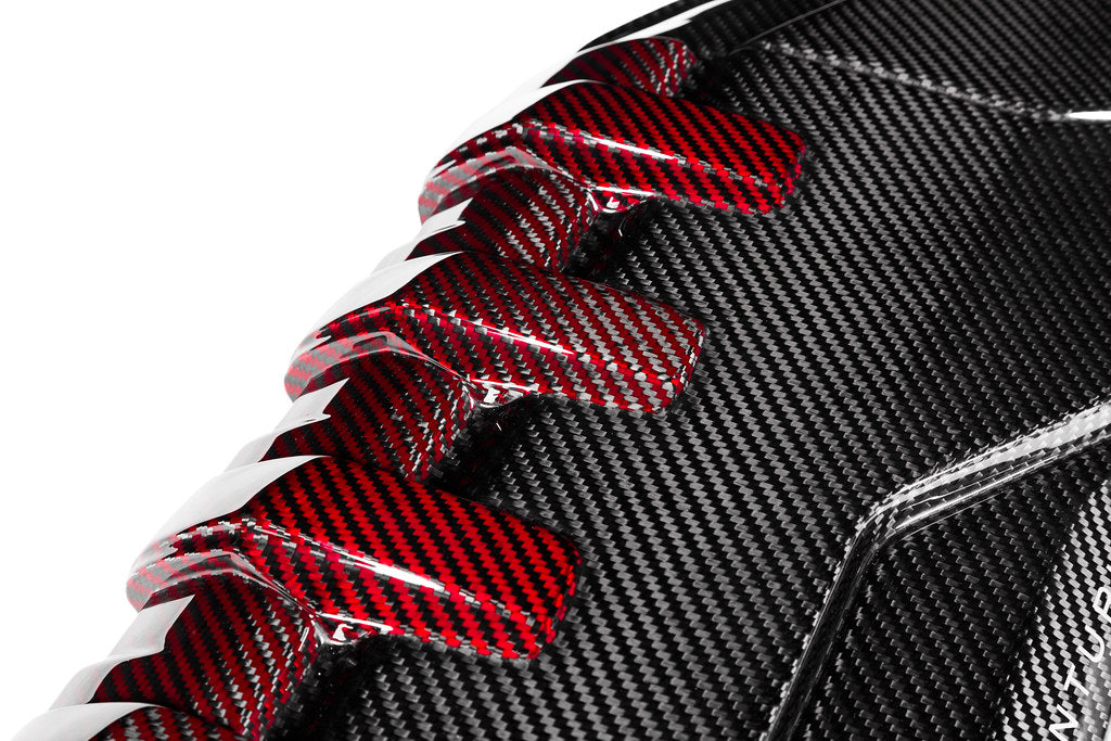 Eventuri black carbon and red kevlar engine cover for Audi 8Y/8V RS3 and 8S TTRS, exterior view with detailed material textures.