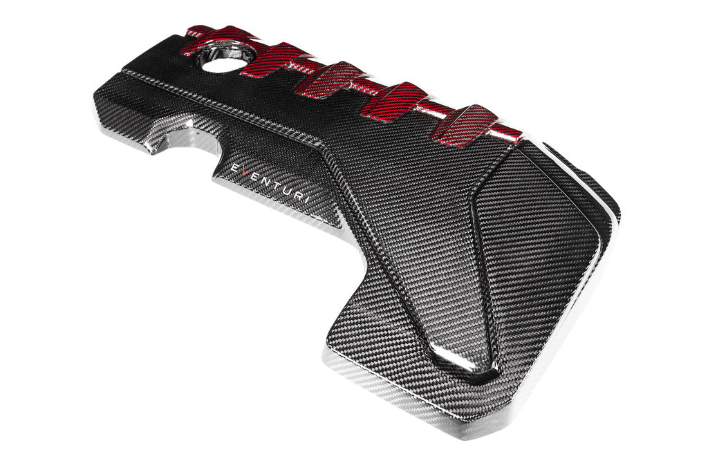 Eventuri black carbon and red Kevlar engine cover for Audi 8Y/8V RS3 and 8S TTRS, exterior view showcasing sleek design details.