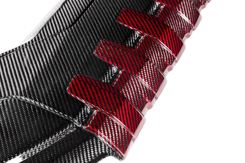 Eventuri black carbon and red Kevlar engine cover for Audi 8Y, 8V RS3, and 8S TTRS, showcasing sleek exterior design.