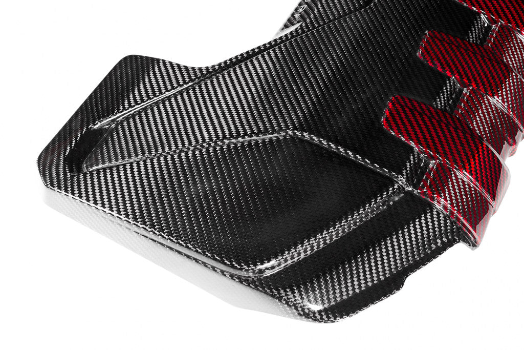 Eventuri black carbon and red Kevlar engine cover for Audi 8Y/8V RS3 and TTRS, exterior view showing sleek design and materials.