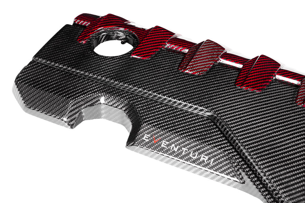 Eventuri Audi RS3 TTRS black carbon and red Kevlar engine cover exterior shot showing detailed materials and design features.