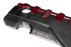 Eventuri Audi RS3 TTRS black carbon and red Kevlar engine cover exterior shot showing detailed materials and design features.