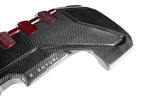Eventuri black carbon and red kevlar engine cover on Audi 8Y/8V RS3 and TTRS, exterior view showcasing sleek design.