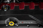 Eventuri black carbon and red kevlar engine cover for Audi 8Y/8V RS3 and TTRS, exterior view showcasing material details
