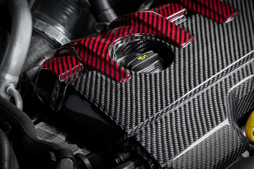 Eventuri black carbon and red Kevlar engine cover for Audi 8Y/8V RS3 and TTRS, exterior car engine bay accessory
