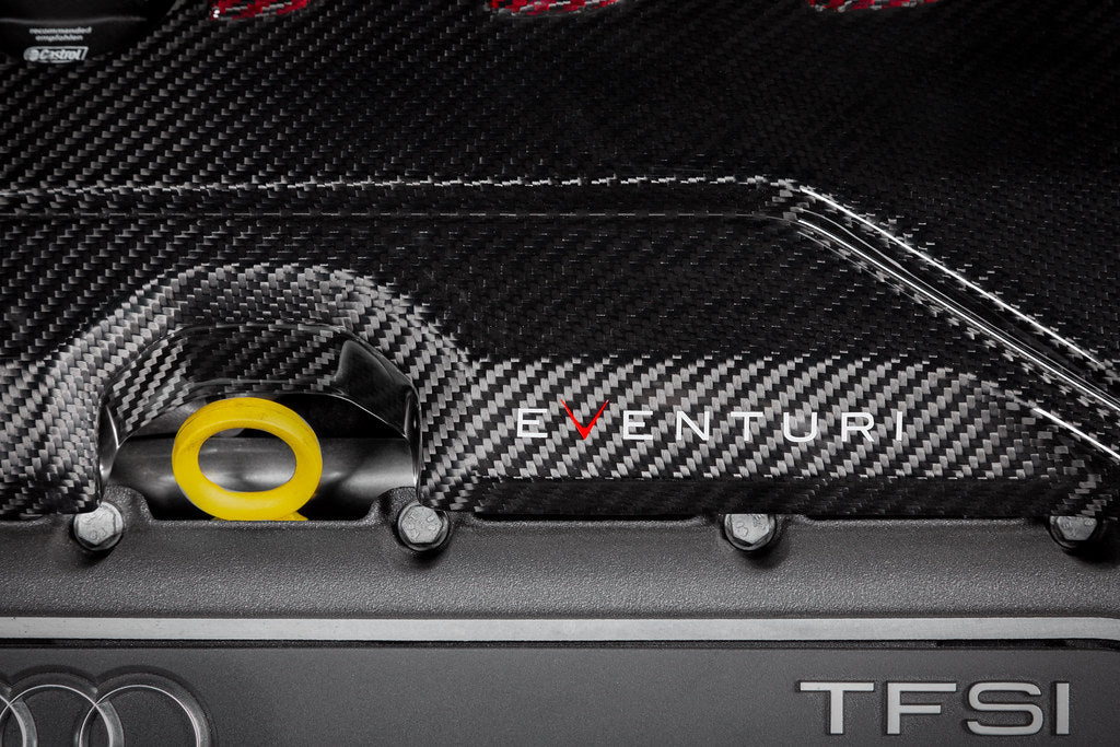 Eventuri black carbon and red kevlar engine cover for Audi 8Y/8V RS3 and 8S TTRS, exterior view showing detailed materials and design