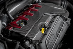 Eventuri Audi RS3 TTRS black carbon and red kevlar engine cover exterior view showing detailed craftsmanship and sporty design.