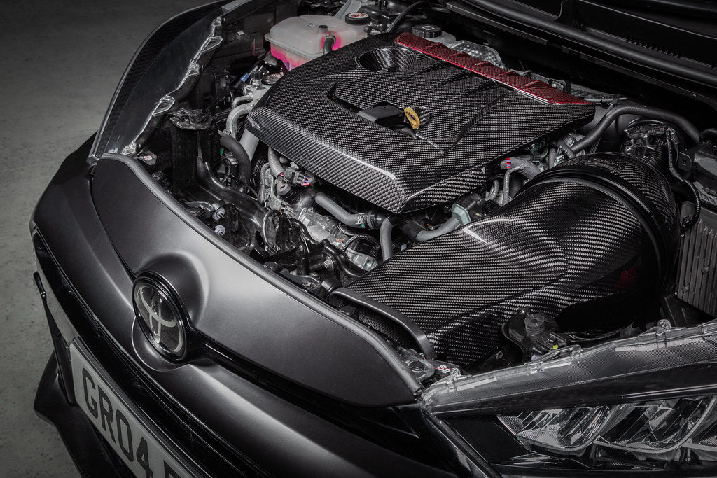 Eventuri carbon engine cover for Toyota GR Corolla and GR Yaris, performance upgrade with sleek black carbon fiber finish.