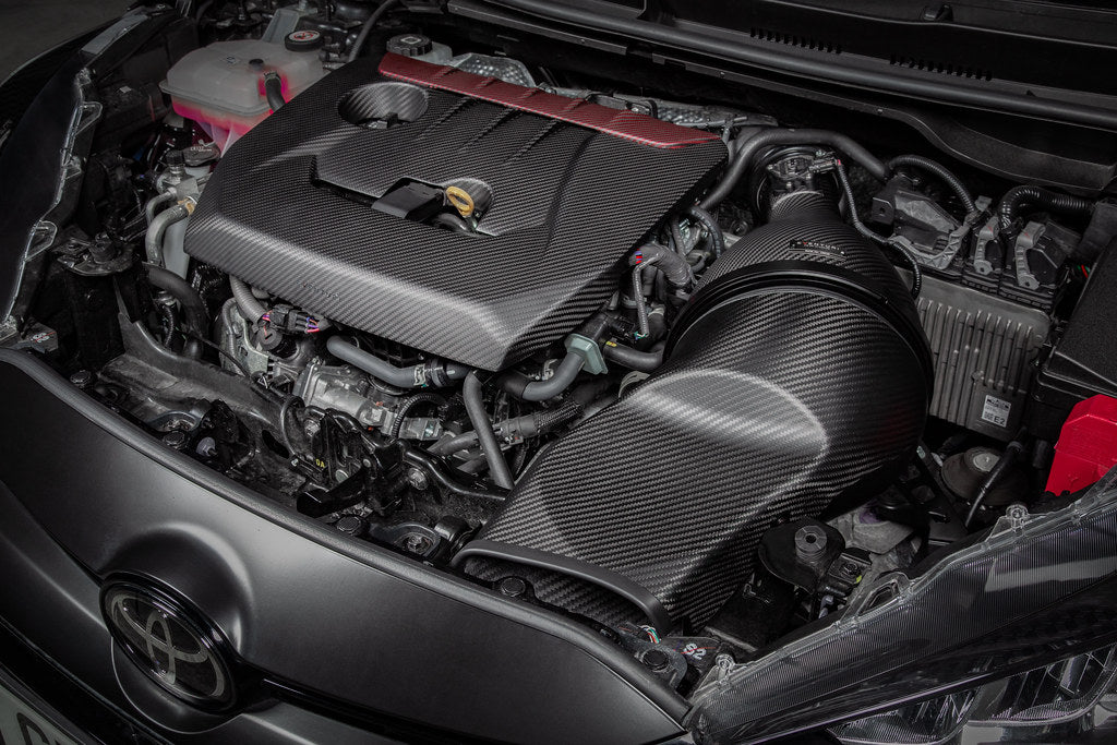 Eventuri carbon engine cover for GR Corolla and GR Yaris, performance car accessory with a sleek black finish.