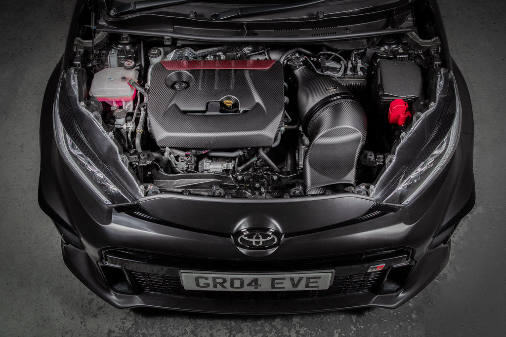 Eventuri carbon engine cover for Toyota GR Corolla and GR Yaris, performance automotive part with sleek black finish.