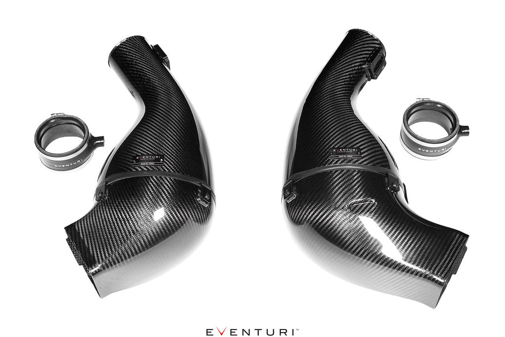 Eventuri Lamborghini Huracan V10 black carbon intake system, performance car upgrade with sleek carbon fiber components.