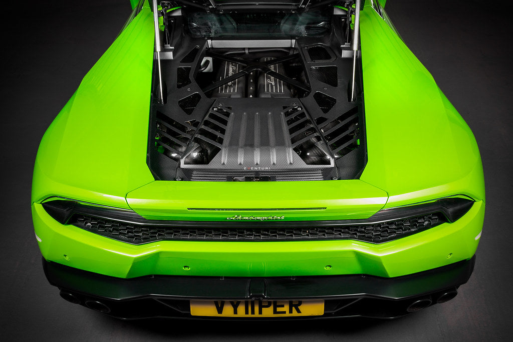Eventuri Lamborghini Huracan V10 black carbon intake system showcasing sleek performance air intake with carbon fiber details.