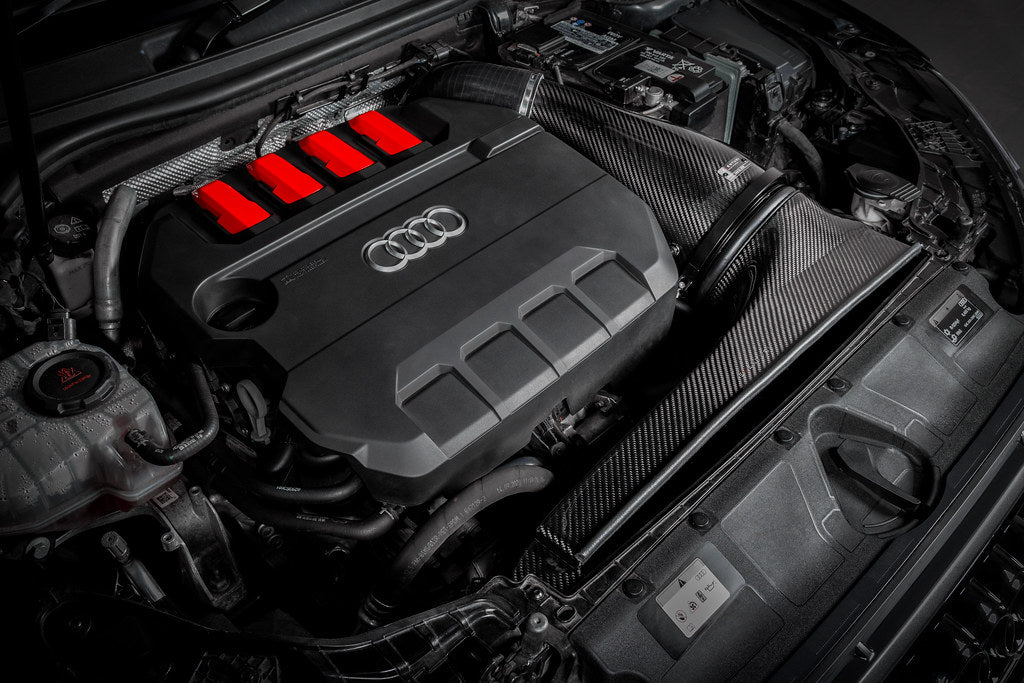 Eventuri black carbon intake system for Audi 8Y S3 and 8S TTS, performance upgrade with sleek carbon fiber design.