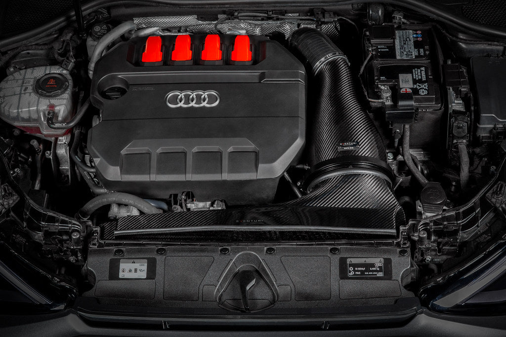 Eventuri black carbon intake system for Audi 8Y S3 and 8S TTS, showcasing the performance air filter and sleek design.