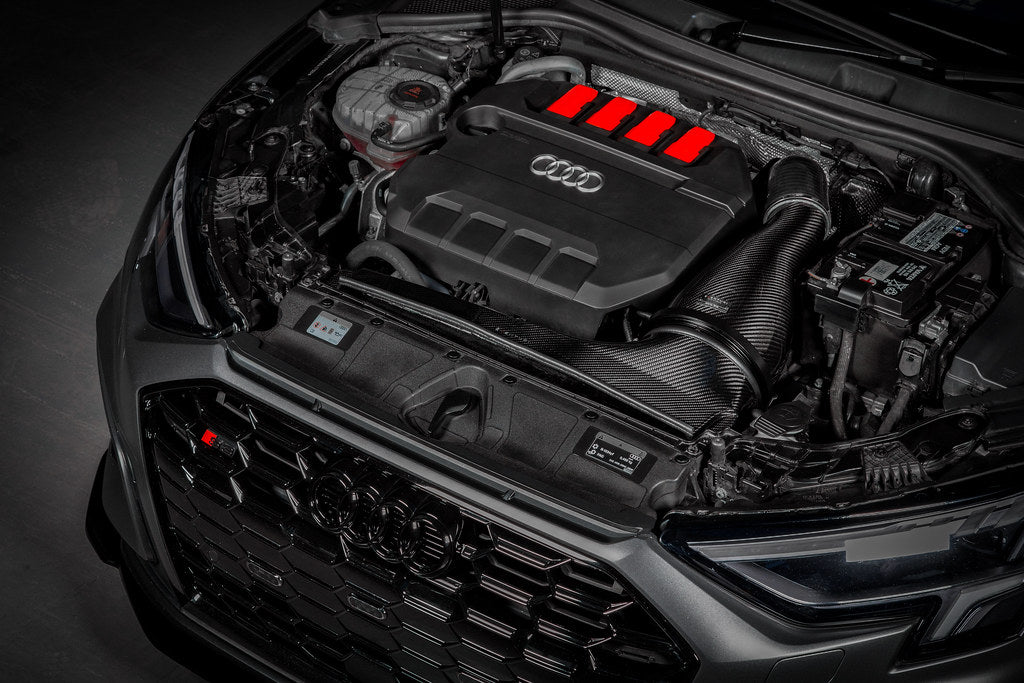 Eventuri black carbon intake system for Audi 8Y S3 and 8S TTS, shown installed with sleek, performance-focused design.