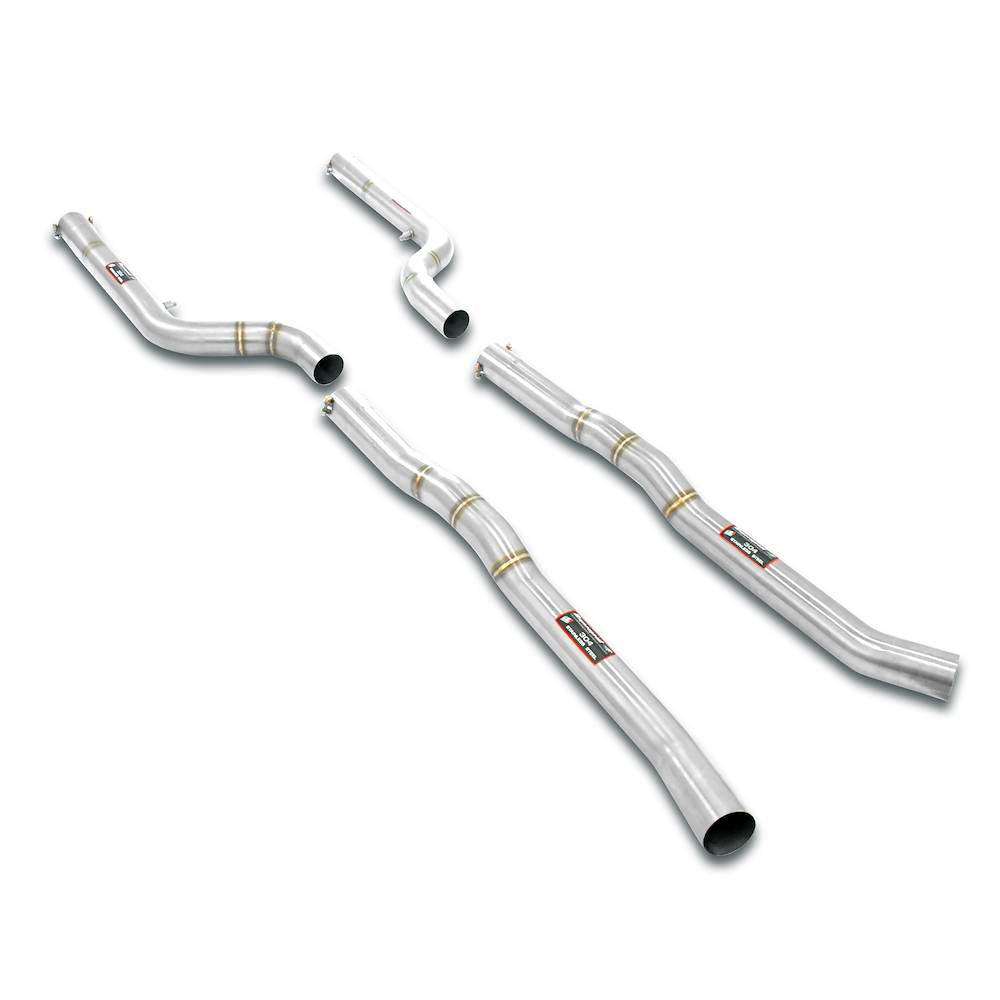 Supersprint BMW F90 M5 stainless steel front and center exhaust pipes, non-resonated, displayed on a white background.