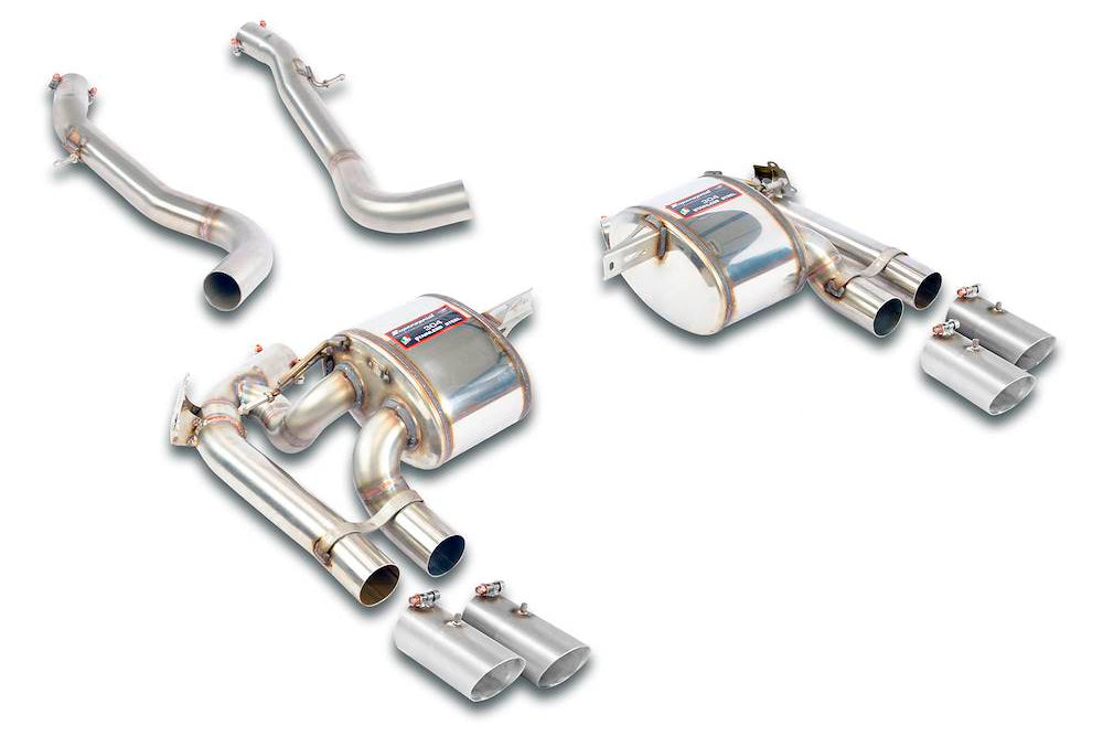 Supersprint BMW F87 M2C S55 stainless steel dual sound rear exhaust with valved system, OEM center design, and polished finish.