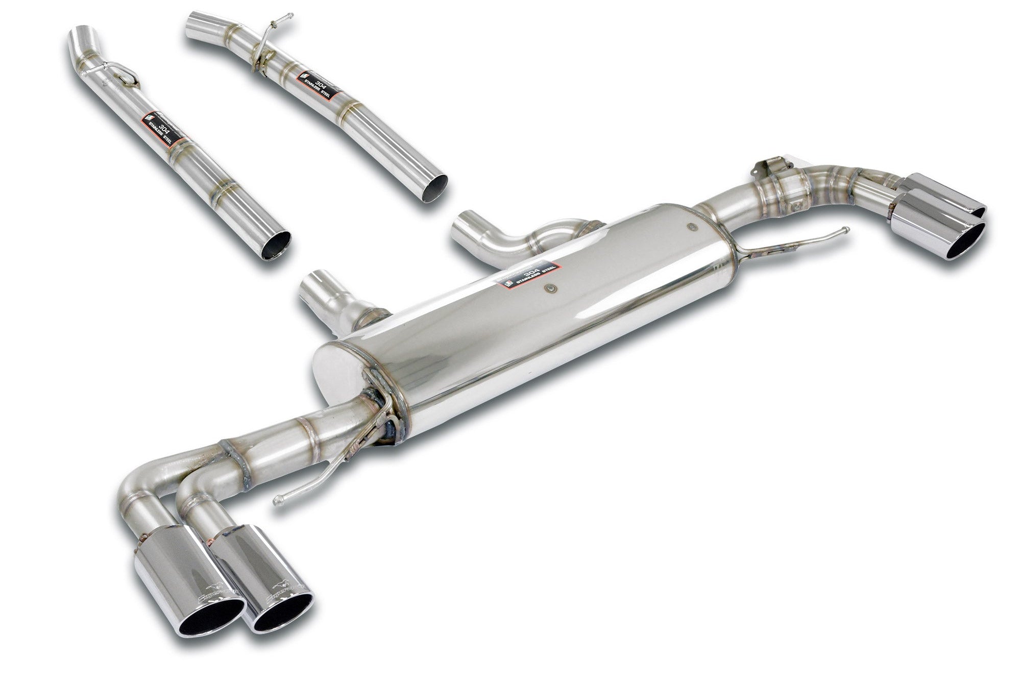 Supersprint BMW G05 X5 rear exhaust right and left with valves, showing polished metal finish and dual exhaust tips.