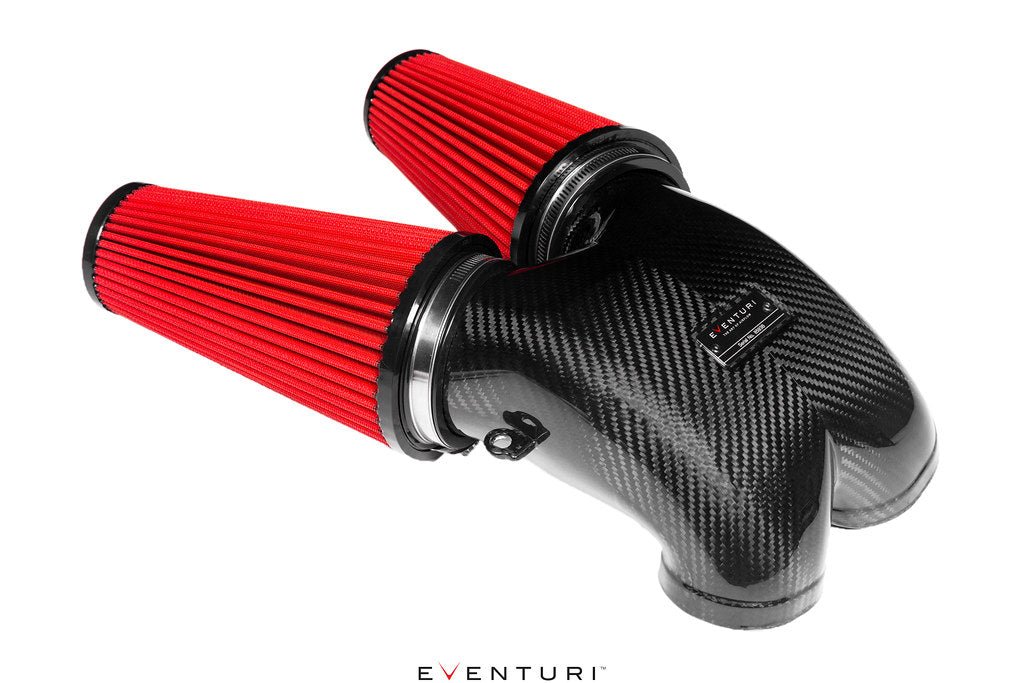Eventuri 4.0TFSI Twin Turbo V8 black carbon intake system for 2025+ performance vehicles, showing the sleek carbon fiber construction.