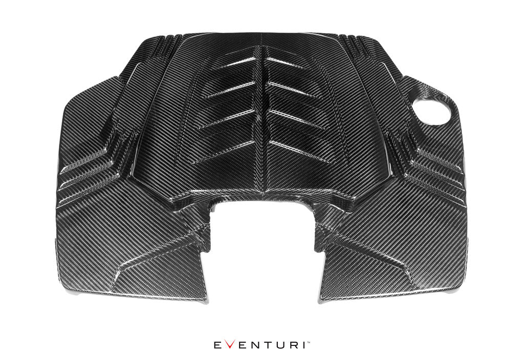 Eventuri black carbon twin turbo V8 intake system for 2025+ 4.0TFSI performance engine, showcasing sleek carbon fiber components.