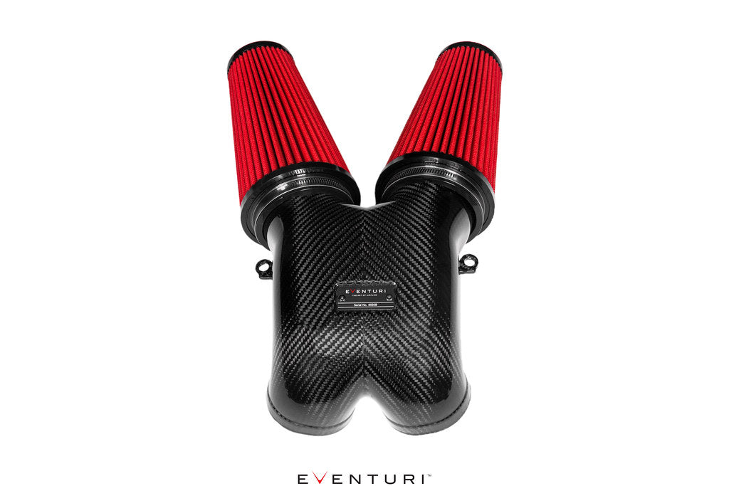 Eventuri black carbon intake system for 2025+ 4.0TFSI twin turbo V8 performance engine, showing sleek carbon fiber components.