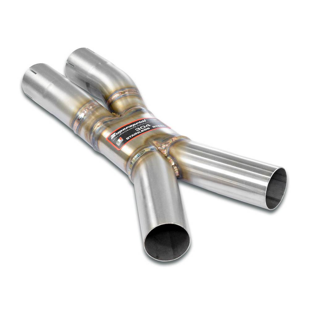 Supersprint BMW G87 M2 secondary resonator delete center X-pipe exhaust installed on a vehicle, showcasing the high-performance exhaust system.
