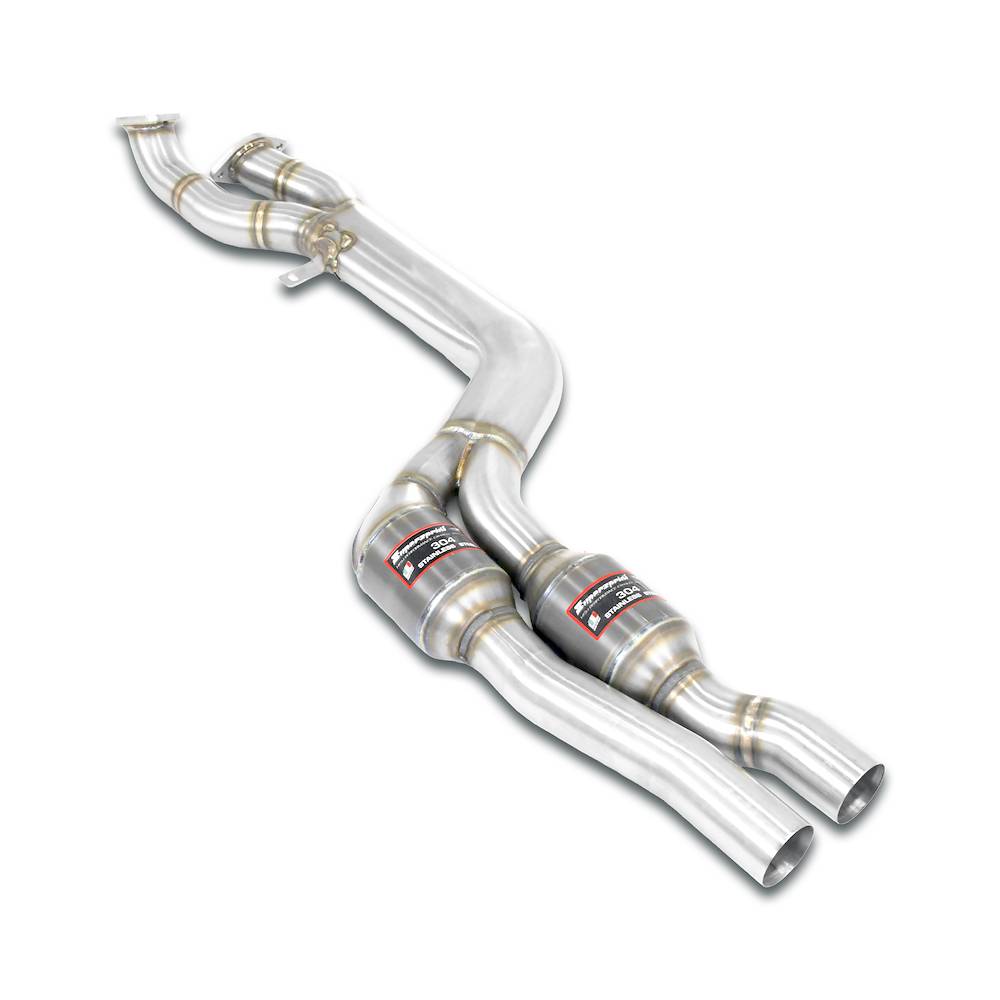 Supersprint BMW G8X M3 M4 front J-pipe exhaust with metallic catalytic converters, shown on a white background.