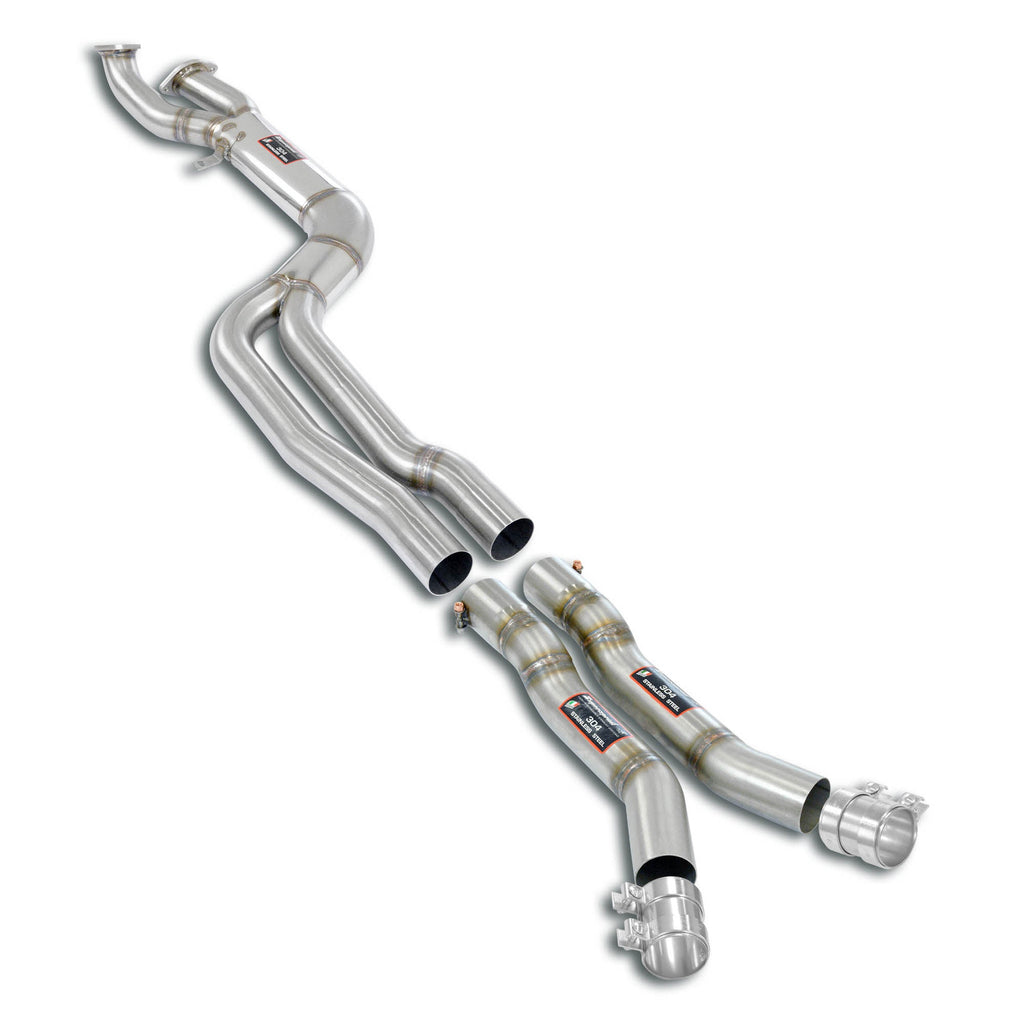 Supersprint BMW G87 M2 exhaust J-Pipe resonator delete package installed on OEM muffler, showcasing the high-performance exhaust components.