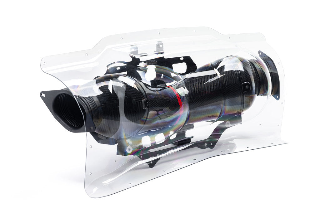 Eventuri Chevrolet C8 Corvette Z06 clear polycarbonate intake trunk panel, performance car upgrade, visible on engine bay.