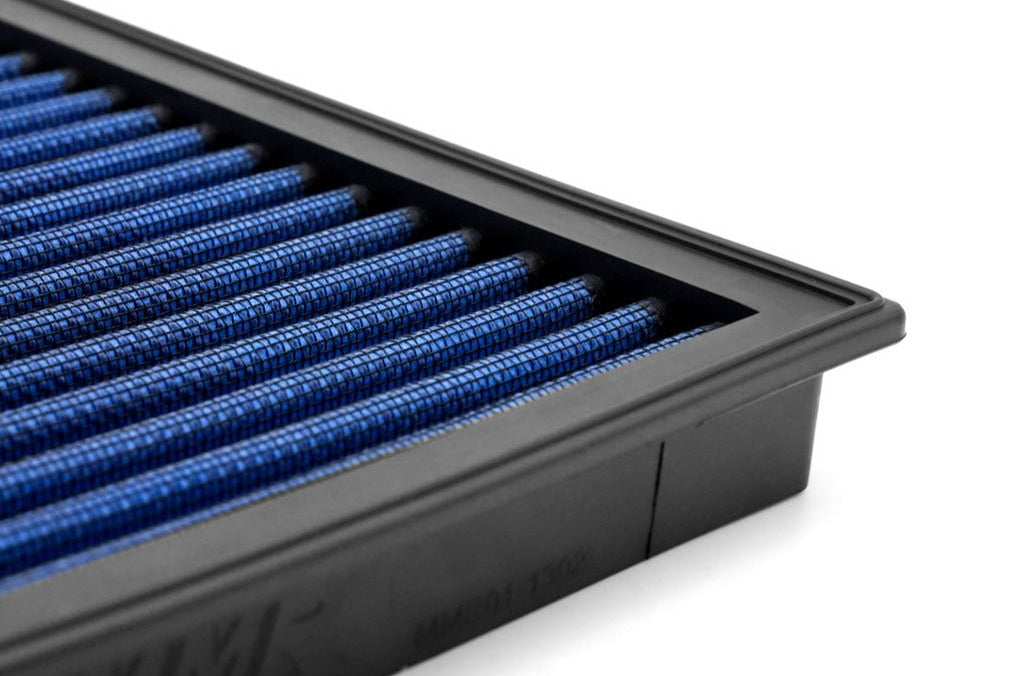 MMX Performance BMW F4X B48 and MINI F5X JCW GP3 panel air filter showing the high-performance filter with brand logo and pleated design.